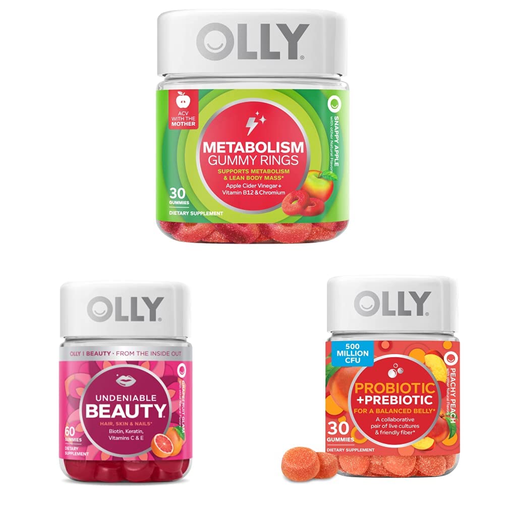 OLLY Metabolism Gummy Rings, 30 Count & Undeniable Beauty Gummy, 60 Count & Probiotic + Prebiotic Gummy, 30 Count