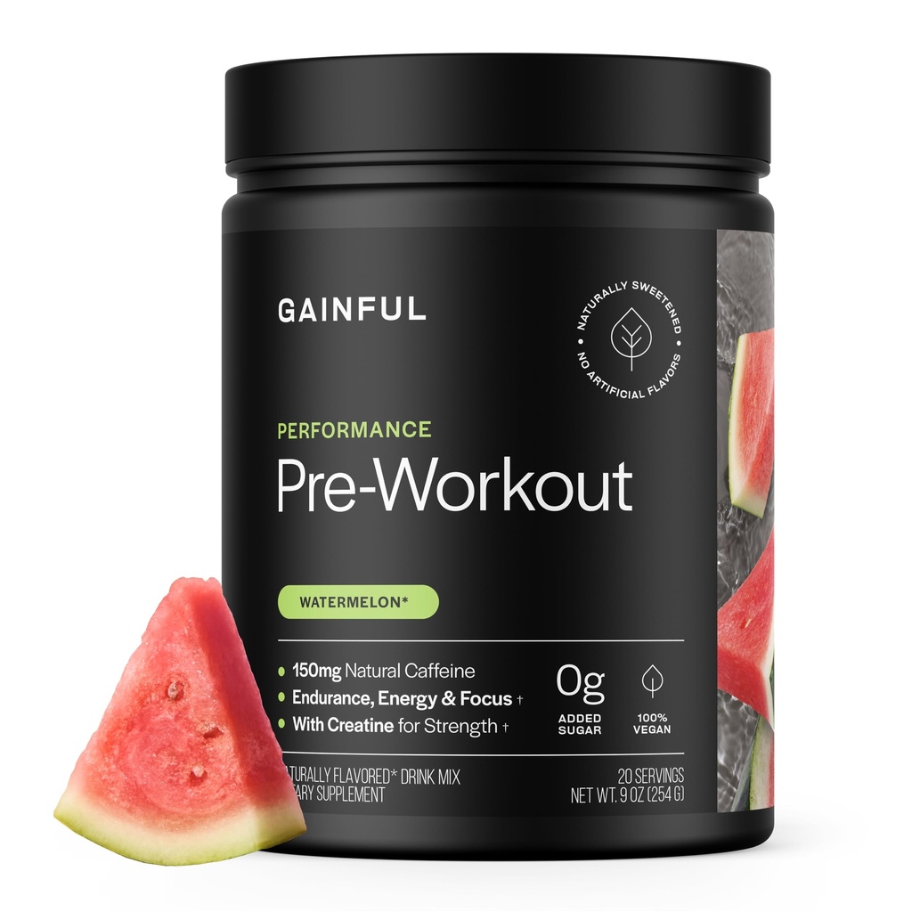 Gainful Performance Pre Workout Powder with Natural Caffeine & Creatine, Watermelon Flavor, Supports Energy, Strength, Endurance, & Recovery with BCAAs, Beta Alanine, L-Citrulline, 20 Servings