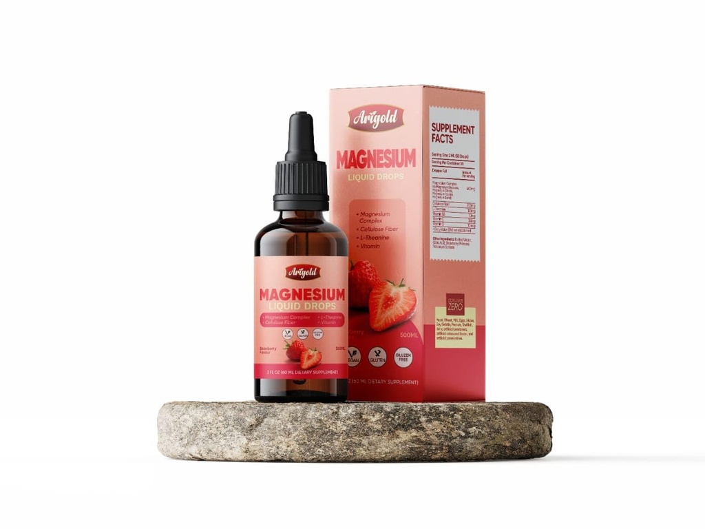 Arigold - Magnesium Glycinate Liquid Drops with Citrate Complex, Omega3, Vitamins D3, B6, B12, L-Theanine for Sleep, Support Stress Relief, Energy and Muscles (Strawberry Flavor). 2 Fl Oz