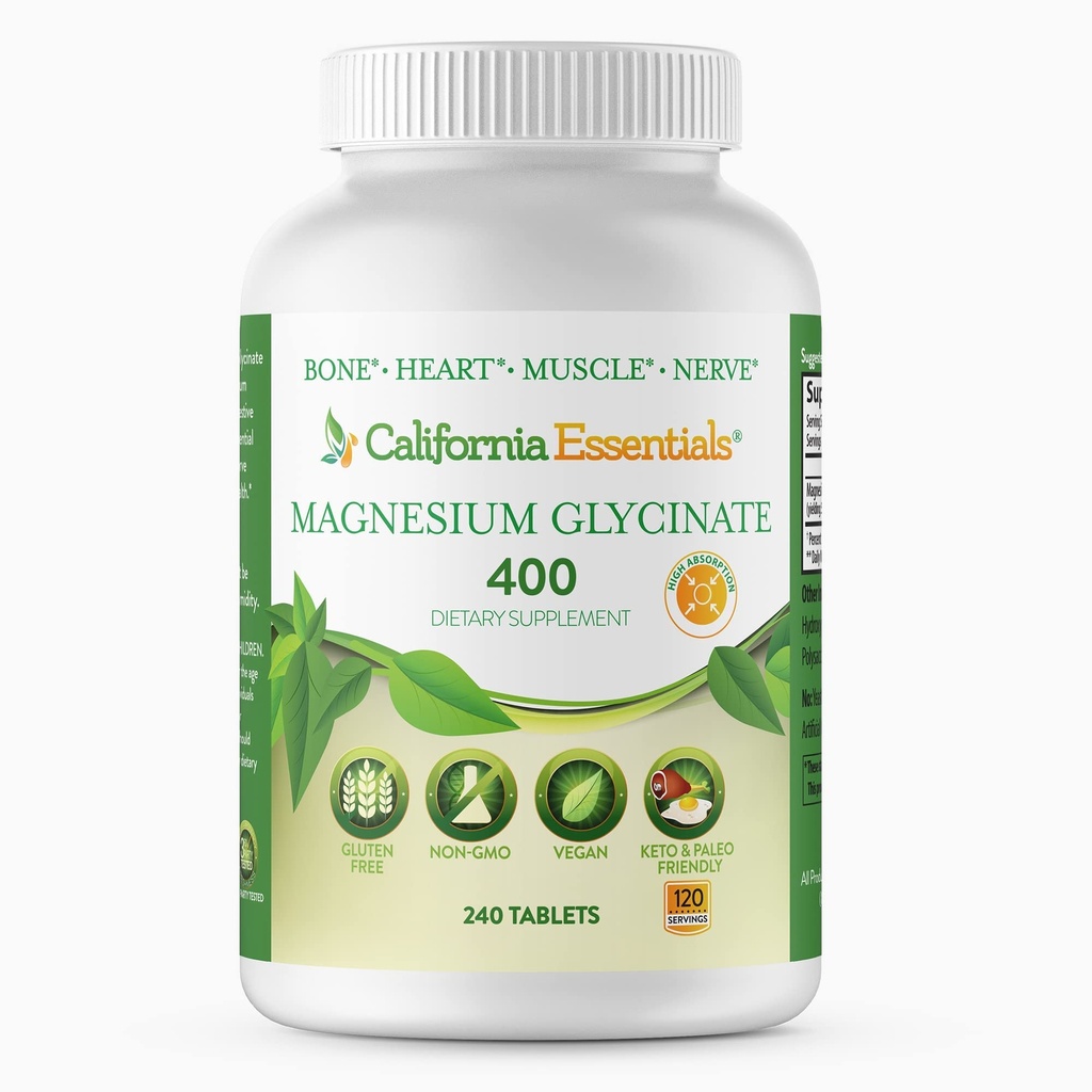Magnesium Glycinate 400 - Chelat, hohe Absorption Magnesium für Muskelentlastung, Knochen & Herz Unterstützung - Vegan, Non-GMO, Glutenfreie 240 Tabletten (Servings 120, Serviergröße (2) 200mg Tabletten)