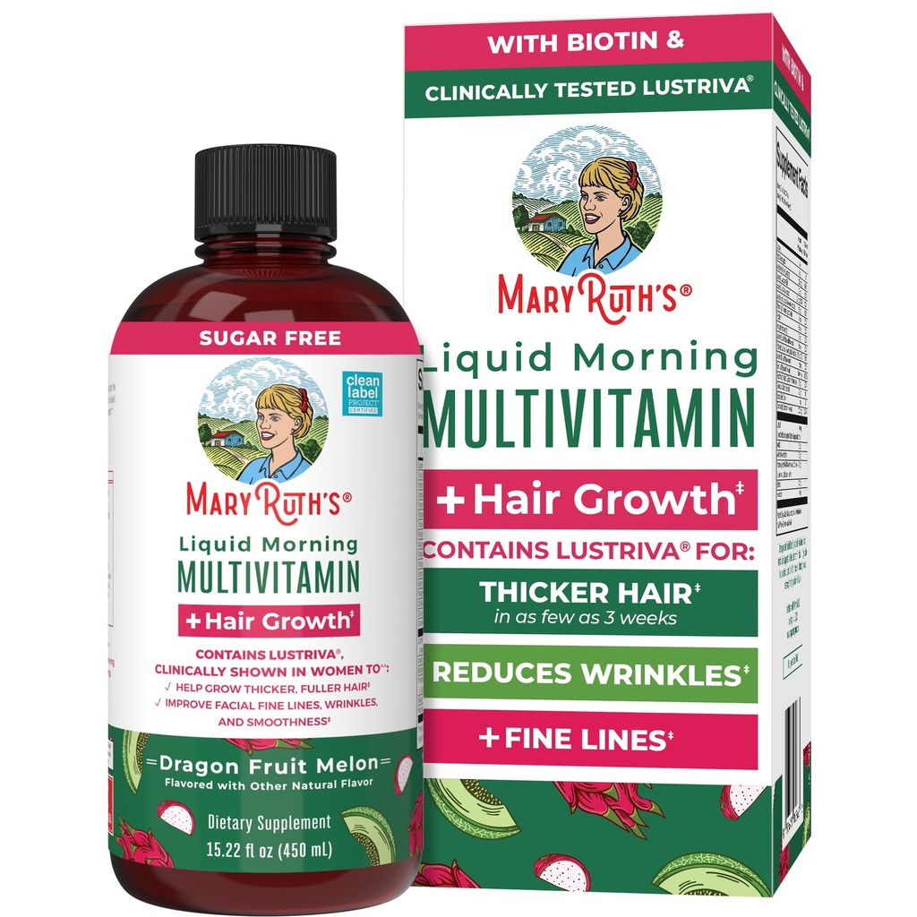 MARYRUTH'S Liquid Multivitamin + Hair Growth | Biotin 10000mcg | Lustriva Hair Growth Supplement | Clinically Tested in Women for Thicker Hair & Facial Wrinkle | Skin Care | Ages 18+ | 15.22 Fl Oz
