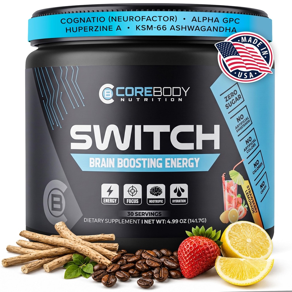 Switch, Brain Boosting Nootropic Energy Supplement Powder - Made in USA - Alpha GPC, NALT, Ashwagandha, Sugar Free Energy, Keto, Erhöhen Mental Focus & Cognitive Funktion, stärkt Stimmung & Gedächtnis