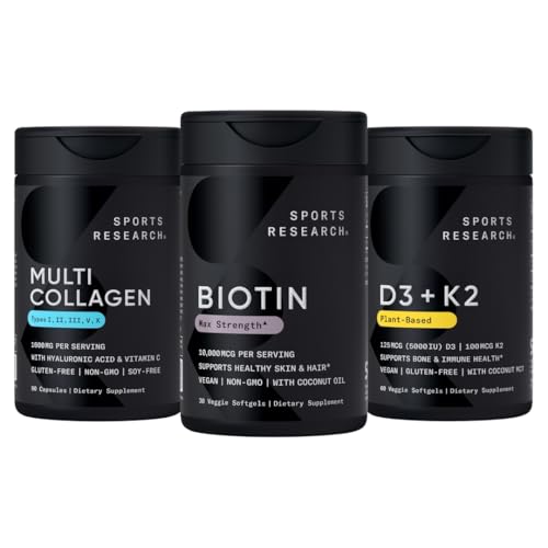 Sports Research® Supplements for Women Pack - Biotin 10,000mcg + Multi Collagen Pills Collagen Peptides (Type I, II, III, V, X) Enhanced with Hyaluronic Acid & Vitamin C + Vitamin D3 + K2 5000iu