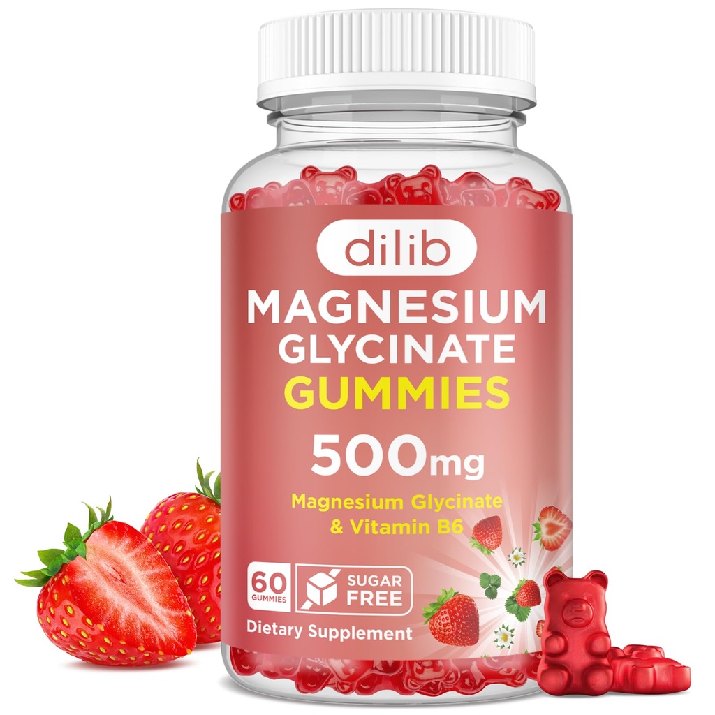 Magnesium Glycinate Gummies 500mg - Magnesium-Ergänzung mit Vitamin B6 für Erwachsene & Magnesium für Kinder - Kalm Magnesium für Schlaf, Stimmung, Muskel-Support - Erdbeer-Flamour, 60 Gummie