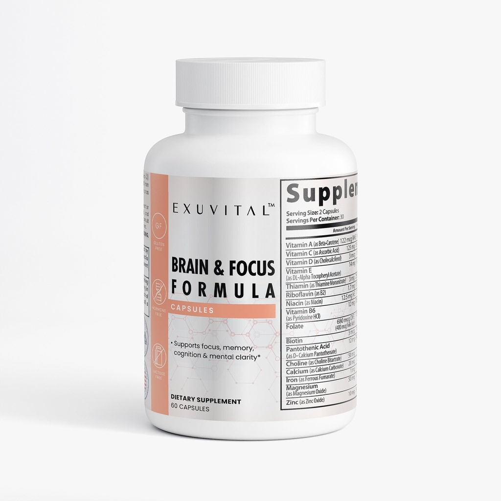 Brain & Focus Formula, Veggie Capsules, 60 Count, Nootropic Supplement with Vitamins, Minerals and Proprietary Blend for Clarity, Memory, Cognition and Mental Focus