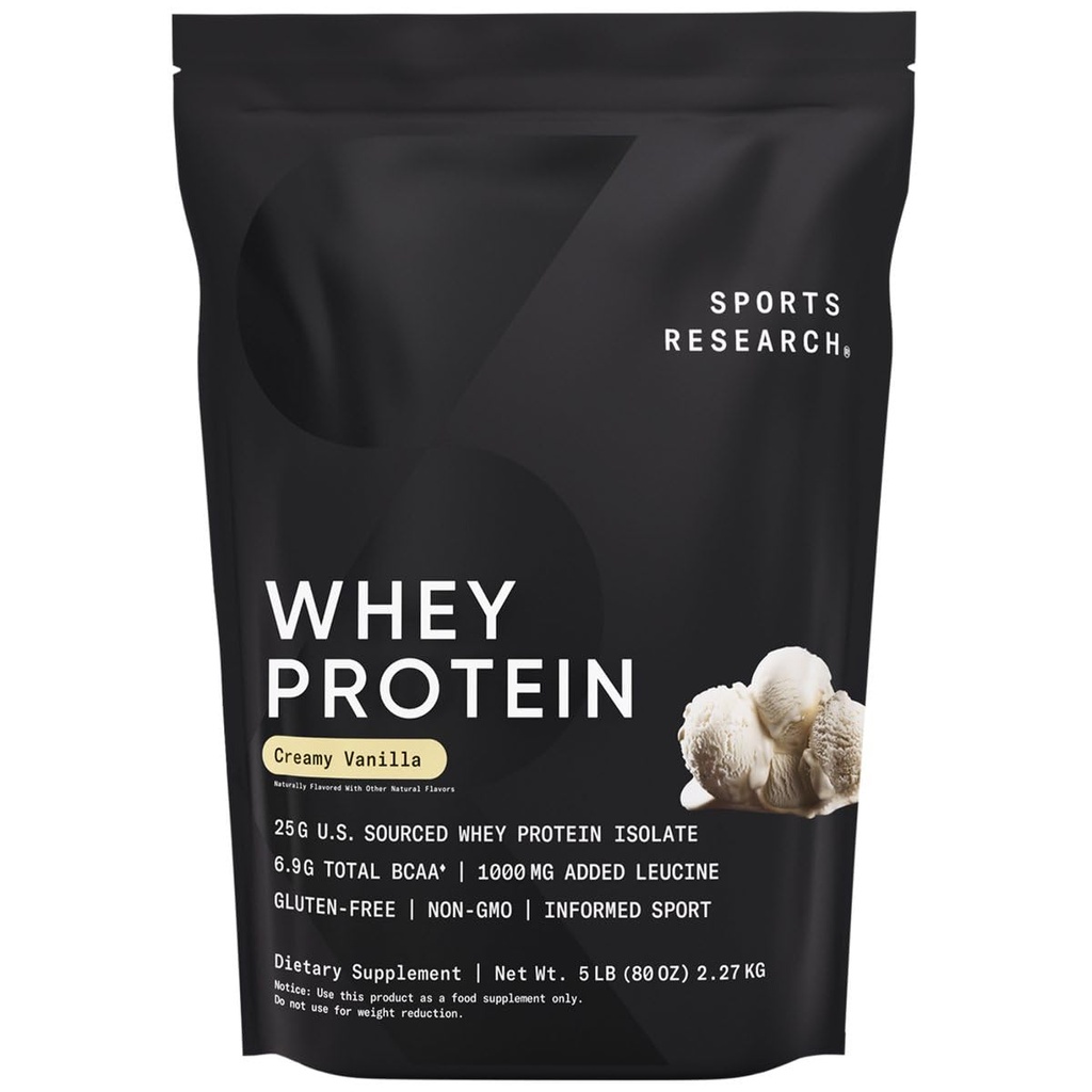 Sports Research Whey Protein Isolate - Sports Nutrition Protein Powder 25g per Serving - 5lb Bag Whey Protein - Vanilla Flavor - Bulk Protein Powder, 56 Servings
