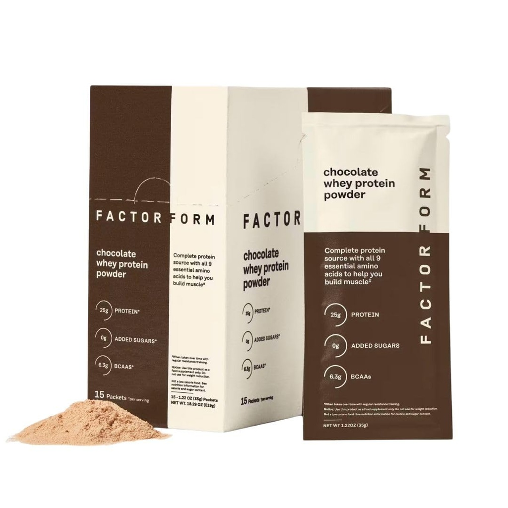FACTOR FORM Whey Protein Powder | 100% Whey Isolate | 25g Protein & 6.3g BCAAs | Low Carb & Keto-Friendly | No Added Sugar (15 Packets, Chocolate)