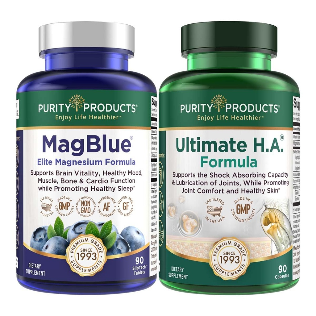Purity Products MagBlue + Ultimate H.A. - MagBlue (Magnesium Bisglycinate Chelate Buffered + Vitamin D3 + Organic Blueberries + More) - Ultimate H.A. (Collagen, Quercetin, Hyaluronic Acid + More)