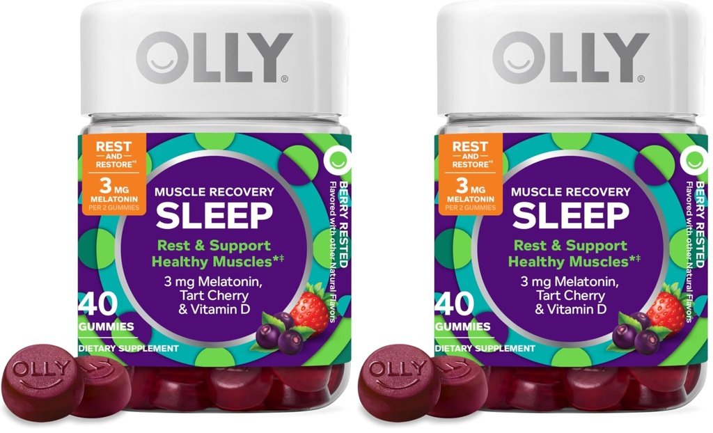 OLLY Muscle Recovery Sleep Gummies, Sleep and Sore Muscle Support, 3mg Melatonin, Tart Cherry, Vitamin D, Berry Flavor - 40 Count (Pack of 2)