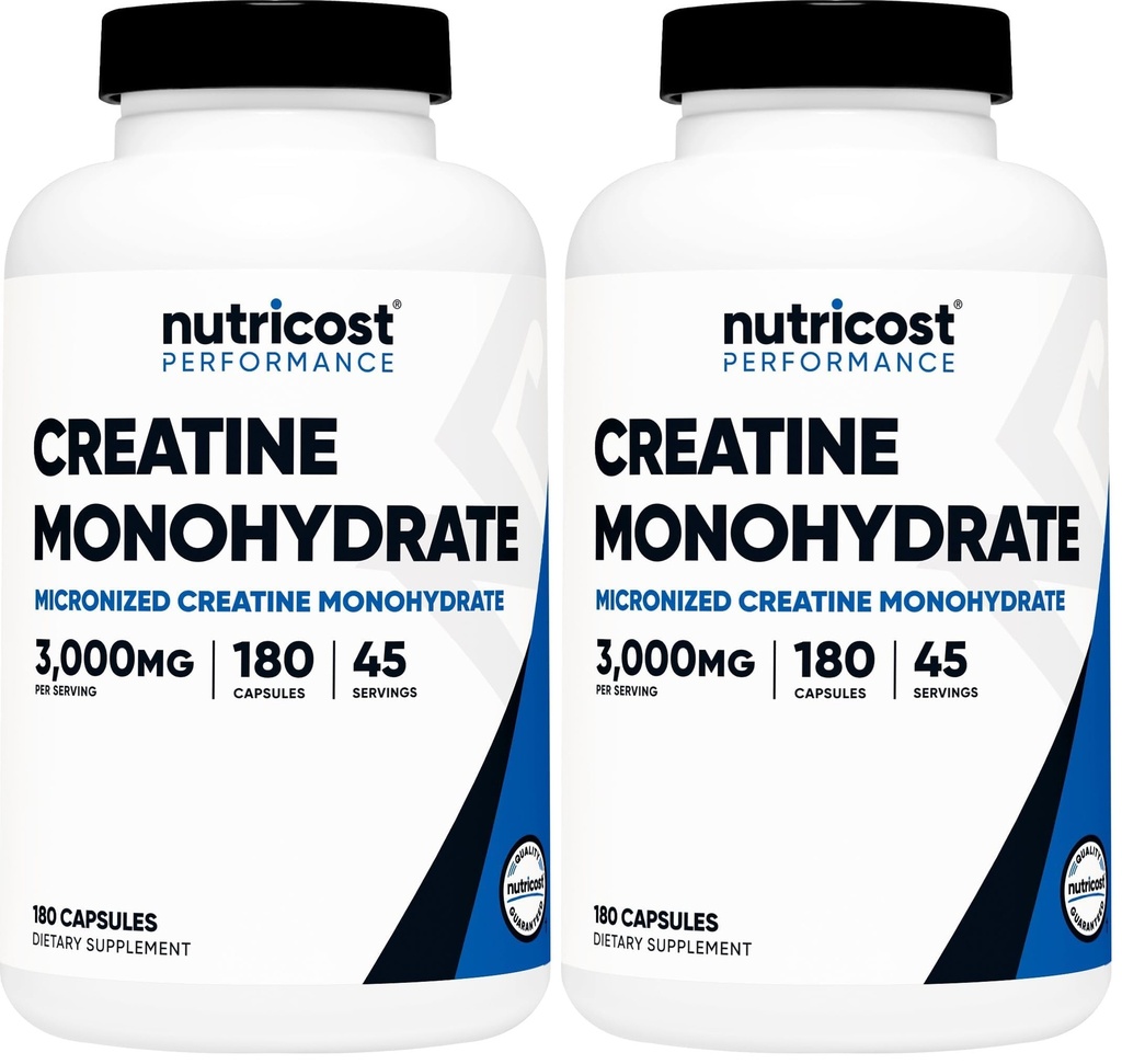 Nutricost Creatine Monohydrat 3,000mg, 180 Kapseln (750mg pro Kapsel) - Glutenfrei, Non-GMO (Pack von 2)