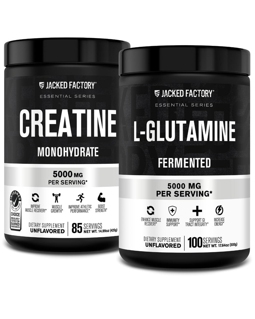 Jacked Factory Creatine Monohydrat Pulver 425g, 85 SV & L-Glutamin Supplement 500g, 100 SV - keine künstlichen Füllstoffe, entflammt