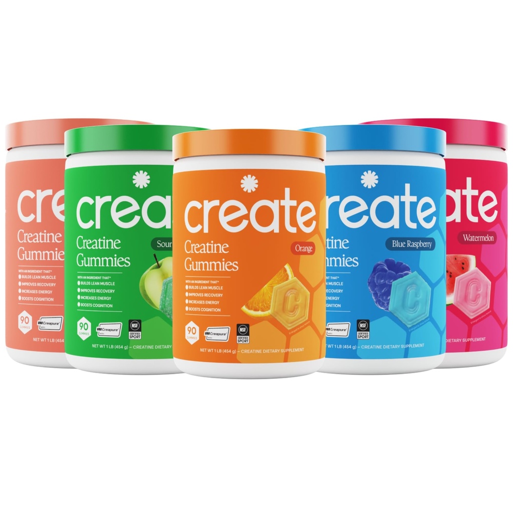 Kreatin Monohydrat-Gummien - High Five Bundle - Sour Peach, Sour Apple, Watermelon, Blue Raspberry & Orange - Kreatin-Gummi für Frauen & Männer, NSF Zertifiziert, 3. Partei getestet, (5-Pack)
