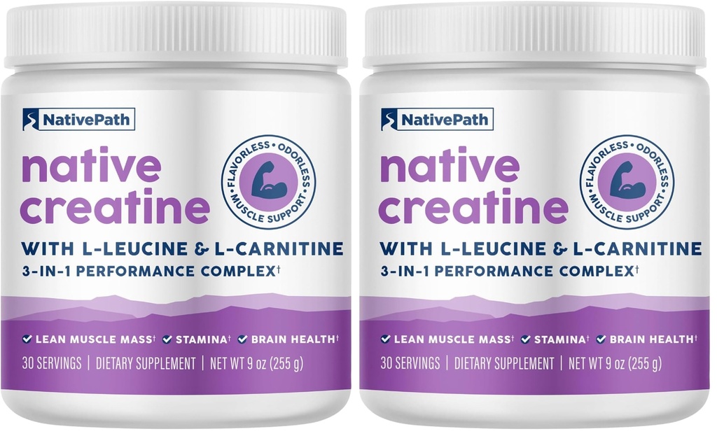 NativePath Creatine Monohydrat-Pulver mit L-Leucine & L-Carnitin - Muskelaufbau-Ergänzung für Männer & Frauen - 30 Servierungen (Pack von 2)