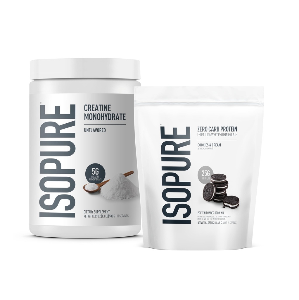 Isopure Bundle of Zero Carb 100% Pure Whey Isolate Protein Powder, Cookies & Cream, 25g Protein Per Serving, 1 Lb, 15 Servings + Isopure 100% Pure Creatine Monohydrate Powder, 100 Servings