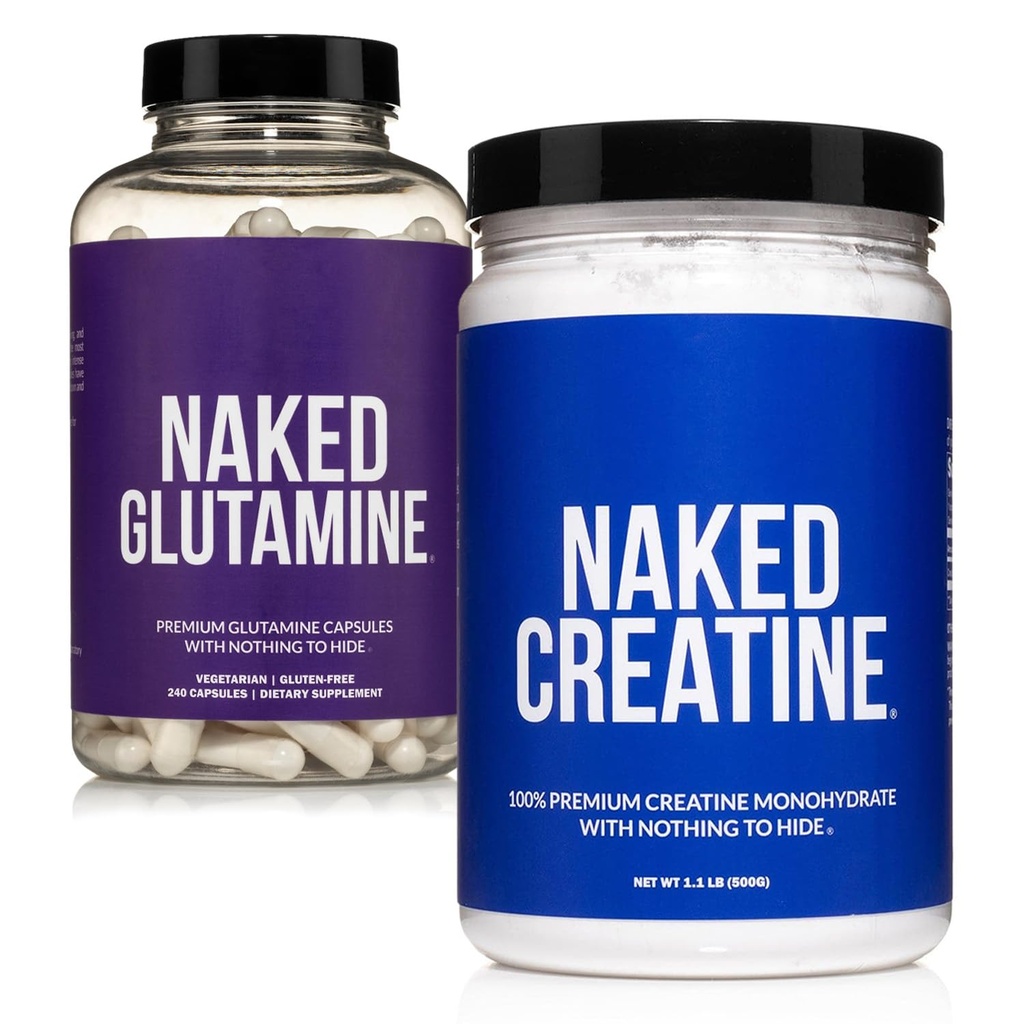 NAKED Pure Micronized Creatine Monohydrate 100 Servierungen + Pure L-Glutamin 240 Kapseln Bundle: Vegan, Non-GMO, Glutenfrei. Minimieren Sie Muskel Breakdown und verbessern Sie Proteinsynthese. Nichts Künstliches