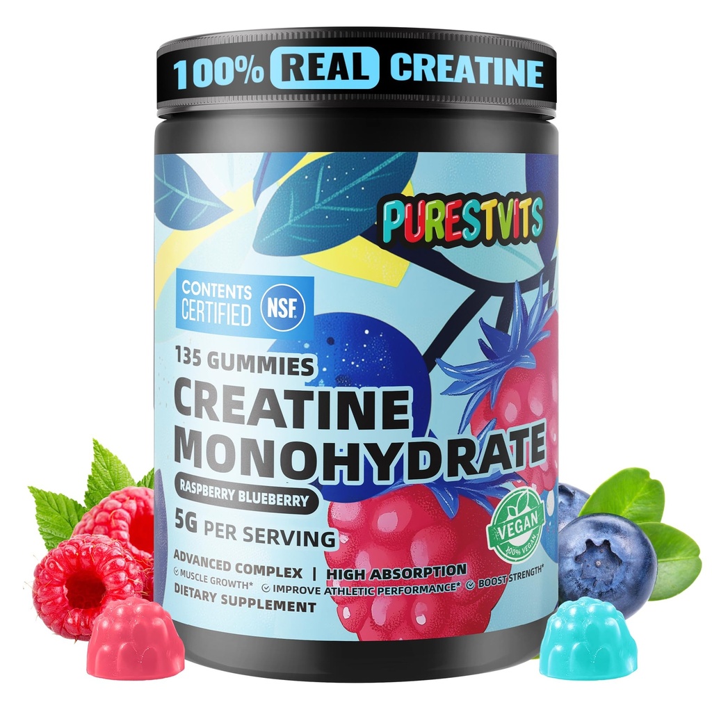 NSF Certified Creatine Gummy 5g - Creatine Monohydrate Gummis – Pre-Workout Energy & Muskel-Wachstumsunterstützung für Männer & Frauen | Blueberry Raspberry Electrolyte Gummies (135 Zähler)
