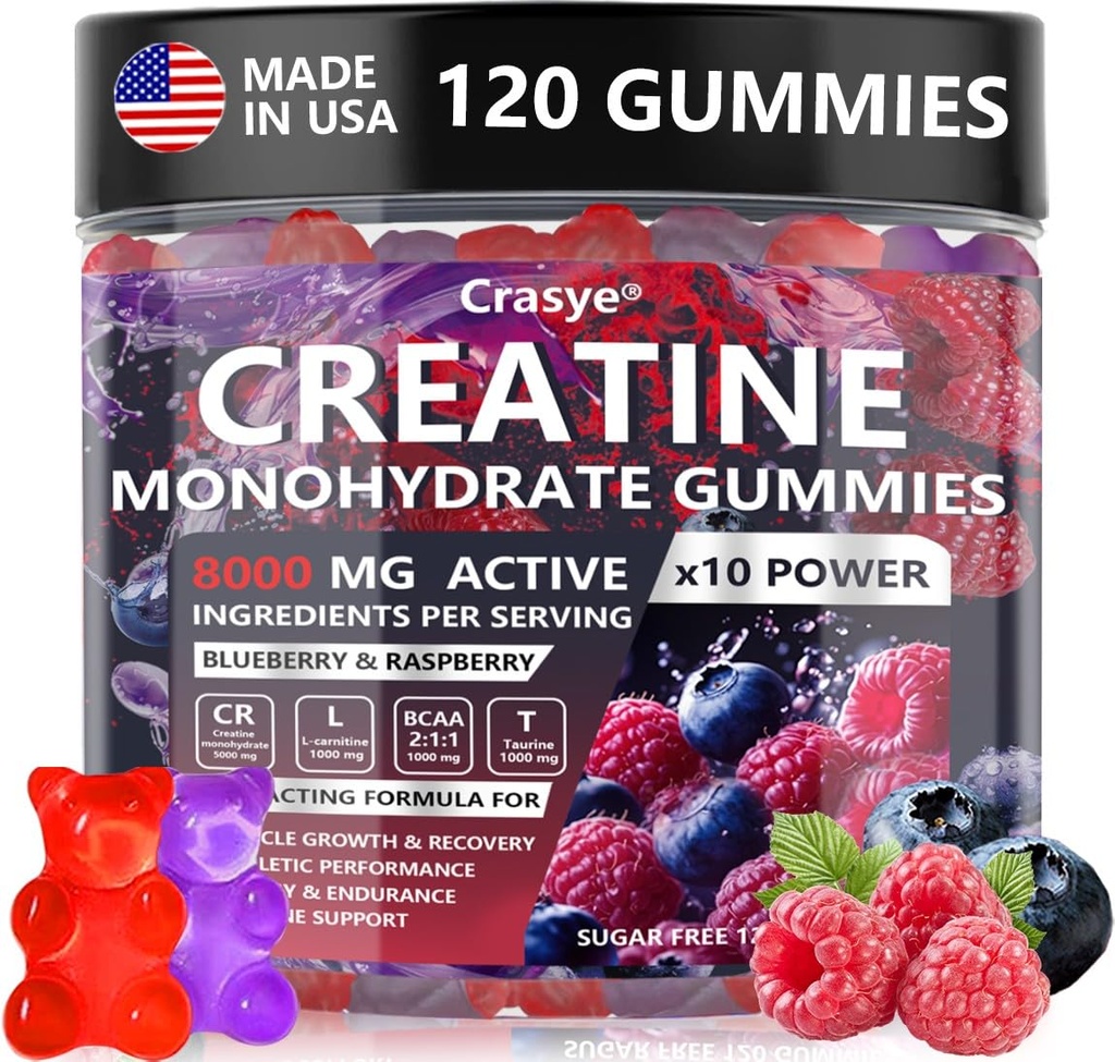Creatine Gummies Complex 8000mg für Männer und Frauen Creatine Monohydrat Gummy mit BCAA Taurine für Muskelkraft und Energie Boost Zucker Kostenlose Vor-Workout Ergänzung - 120 Gummies
