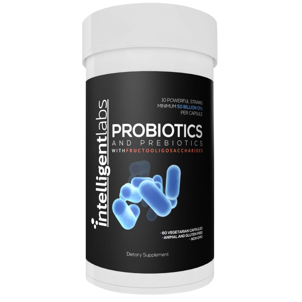 Intelligente Labs 50 Billion CFU Probiotic mit Präbiotika, keine Nachbesserung erforderlich, mit Sunfiber und FOS für 10x Mehr Effektivität, 60 Tage Versorgung pro Flasche, Dritte-Party Verified for Purity