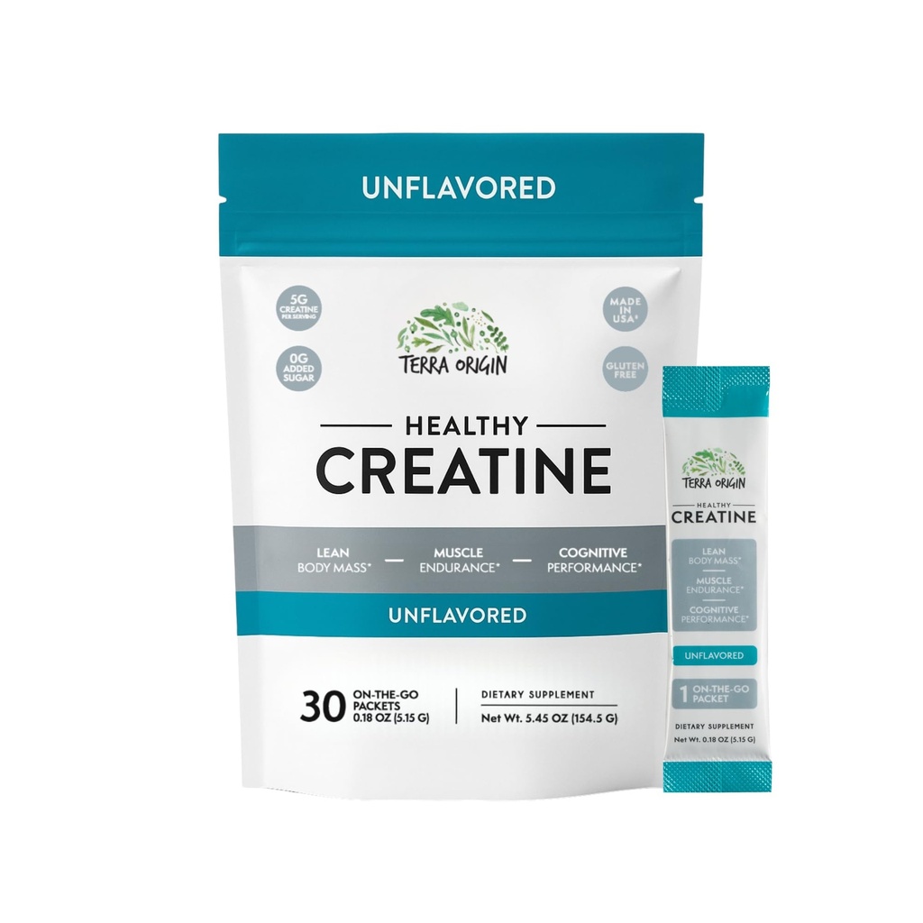 TERRA ORIGIN Gesunde Kreatin Micronized Monohydrate Pulver | 30 Stick Packs | Unterstützung für Muskel- und Kognitive Leistung* | Ergänzung für Frauen und Männer | Unflavored, Glutenfrei, Zero Sugar