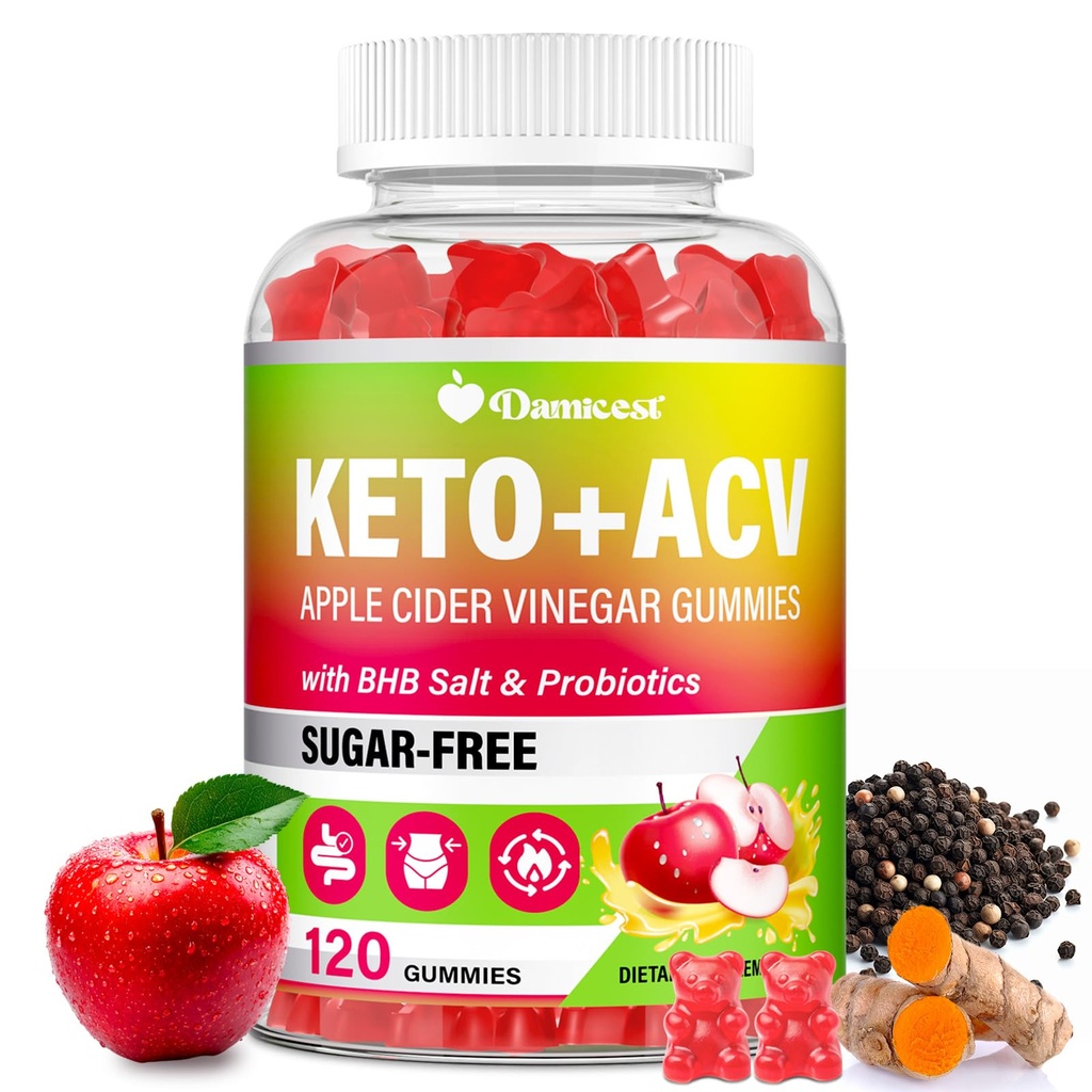 Apfelessig-Gummien, Keto ACV-Gummien mit der Mutter, Fortgeschrittene Formel mit Probiotika, Vitamin B12 & Keto Blend, ACV für Sauberkeit & Detox, Stoffwechsel, Verdauung & Gut- Sugar Free, 120 Zähler