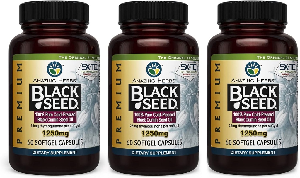 Erstaunliche Kräuter Premium Schwarz Samen Öl Kapseln - Hohe Potenz, kalt gepresst Nigella Sativa Aids in Verdauungs-Gesundheit, Immununterstützung & Gehirn Funktion - 60 Count, 1250mg (Pack von 3)