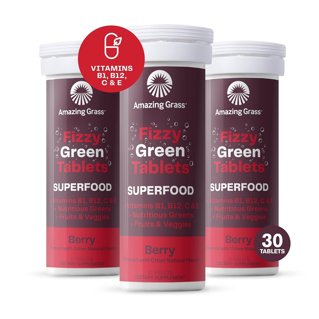 Erstaunliches Gras Fizzy Green Tablets Superfood: Green Superfood Wasser Flavoring Tablet mit Antioxidantien & Alkalisierende Grüns, Berry, 10 Count (Pack von 3)