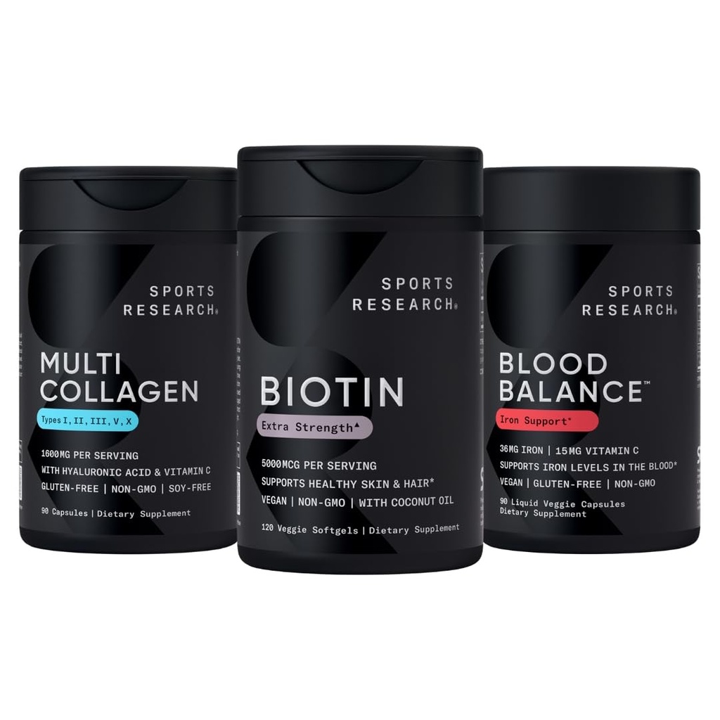 Sports Research® Healthy Hair Pack - Biotin 5,000mcg with Organic Coconut Oil + Multi Collagen Pills Enhanced with Hyaluronic Acid & Vitamin C + Blood Balance Iron Supplement - 36 MG Iron + Folate