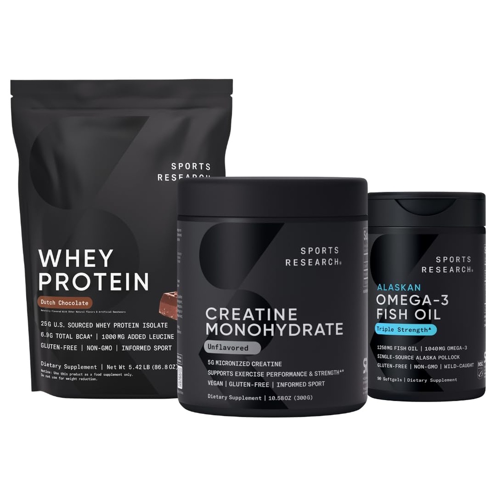 Sports Research® Whey Protein & Creatine Monohydrate das Dynamische Duo für Lean Muscle Building, Performance, Strength & Workout Recovery und Triple Strength Omega 3 mit EPA & DHA Fettsäuren verpackt