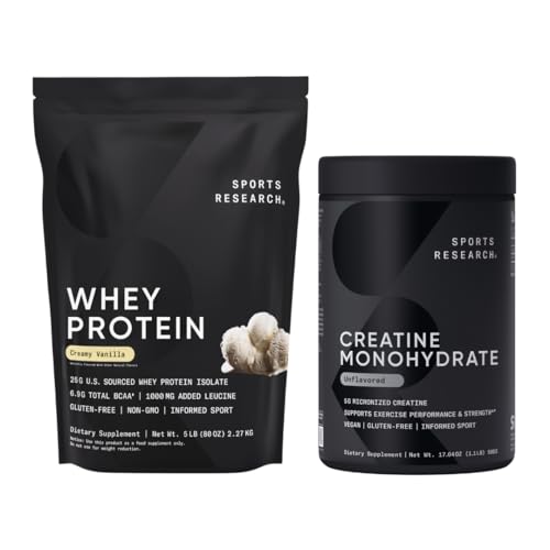 Sports Research® Creatine Monohydrate (100 Servierungen) & Vanilla Whey Protein (63 Servierungen), The Dynamic Duo for Lean Muscle Building, verbesserte Leistung, Kraft & Workout Erholung - Sport Nutritio