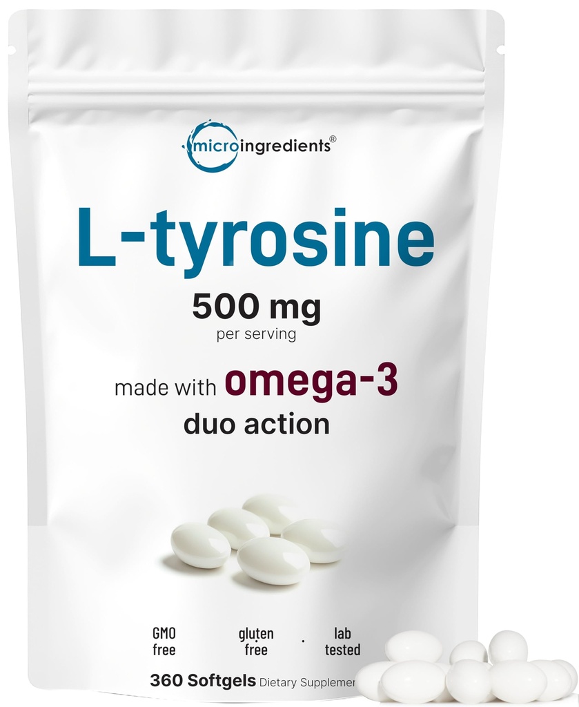 L Tyrosin Ergänzung 500mg mit Omega-3, 360 Softgels | Duo Action Aminosäuren + Omega von Flaxseed Oil 1000mg mit ALA | Herz und Stimmung Unterstützung | Gehirn Ergänzungen für Gedächtnis und Fokus | Non-GMO