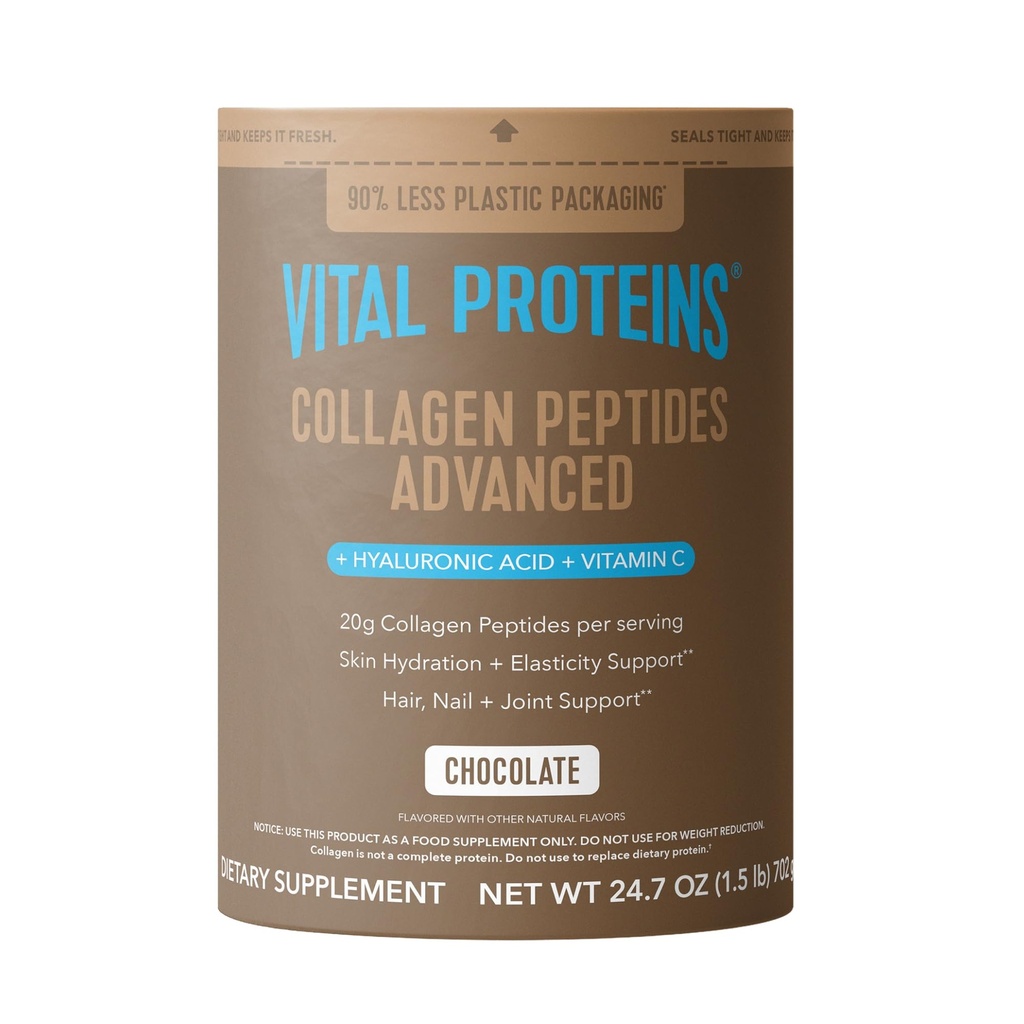 Vital Proteins Collagen Peptides Advanced, Hydrolyzed Peptides with Hyaluronic Acid and Vitamin C - Chocolate Flavor Powder, 24.7oz
