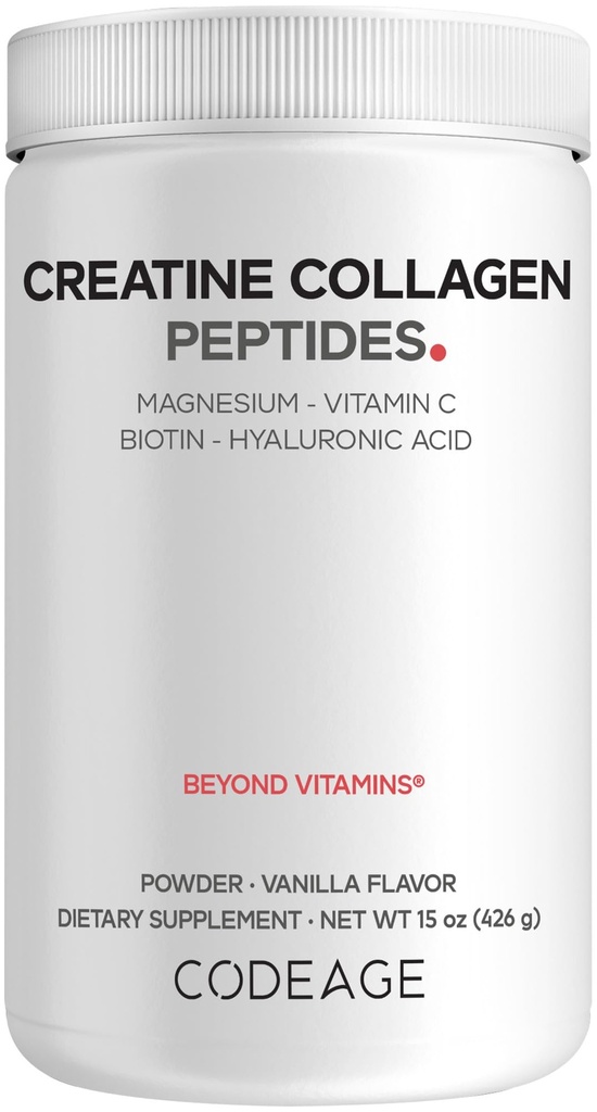 Codeage Creatine Collagen Peptides - Creatine Monohydrate Powder Supplement, Wild-Caught Marine Collagen, Biotin, Magnesium, Vitamin C, Hyaluronic Acid - Vanilla Flavored - Non-GMO - 15 Oz