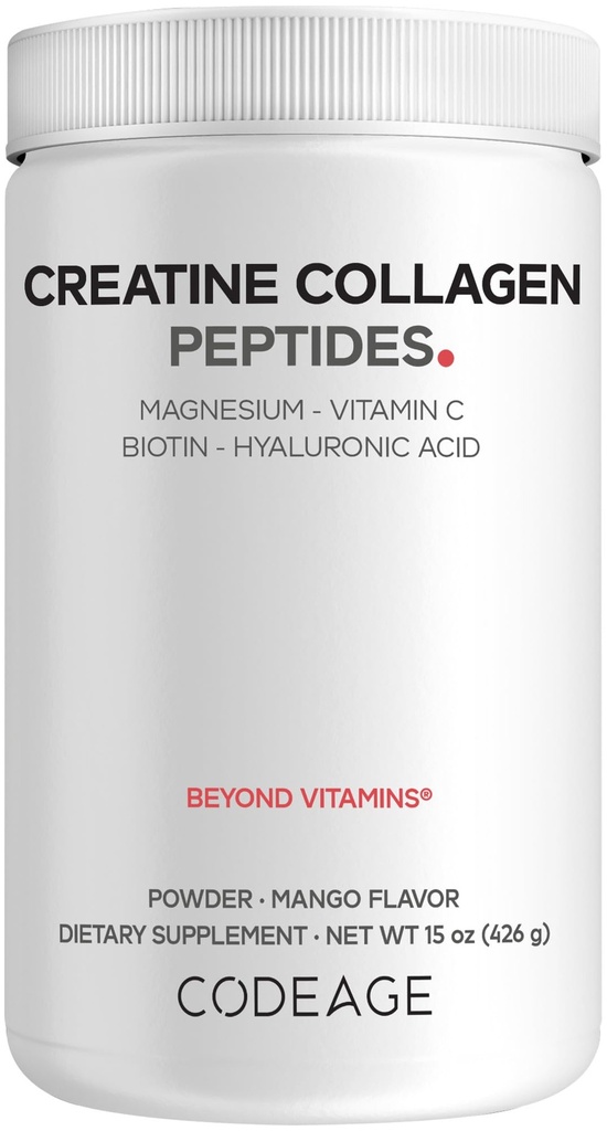 Codeage Creatine Collagen Peptides - Creatine Monohydrate Powder Supplement, Wild-Caught Marine Collagen, Biotin, Magnesium, Vitamin C, Hyaluronic Acid - Mango Flavored - Non-GMO - 15 Oz