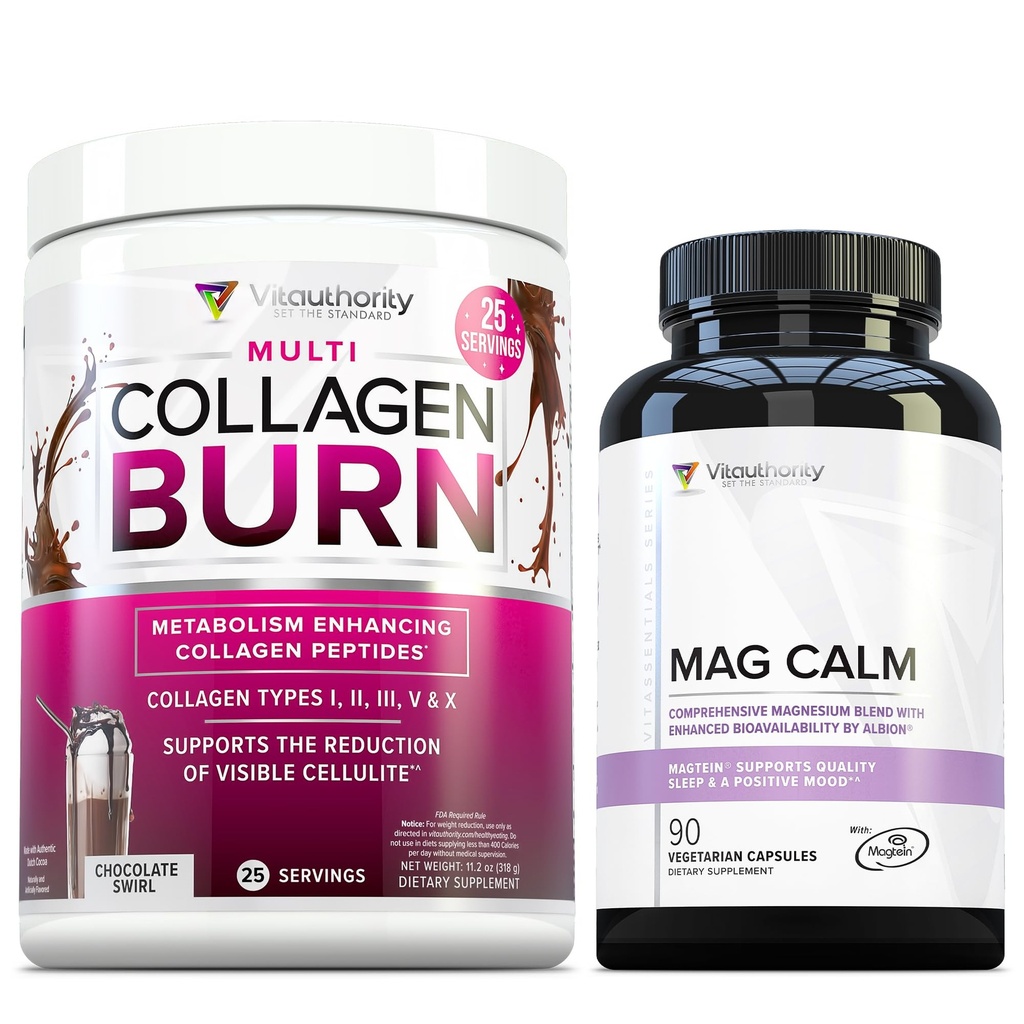 Vitauthority Collagen Peptides Powder Weight Loss Supplements | Hydrolyzed Beauty Complex Chocolate Flavored and Magnesium L-Threonate Biglycenate Chelate Blend GABA and L-Theanine