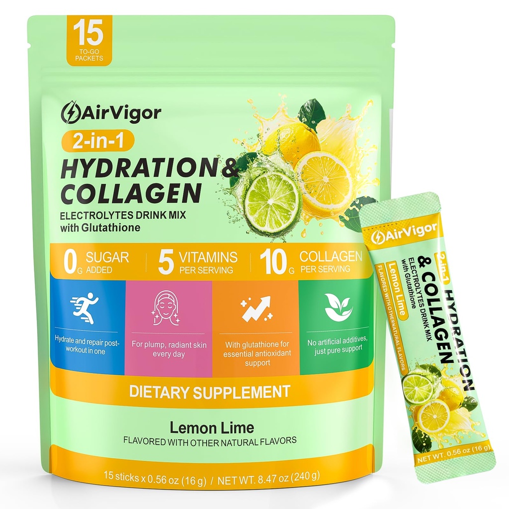 Electrolytes Powder Packets, 10G Collagen Hydration Packets, Sugar Free Daily Electrolyte Hydration Recovery Drink Mix with 5 Vitamins & Glutathione, Joint Skin Muscle Support, Keto, Lemon