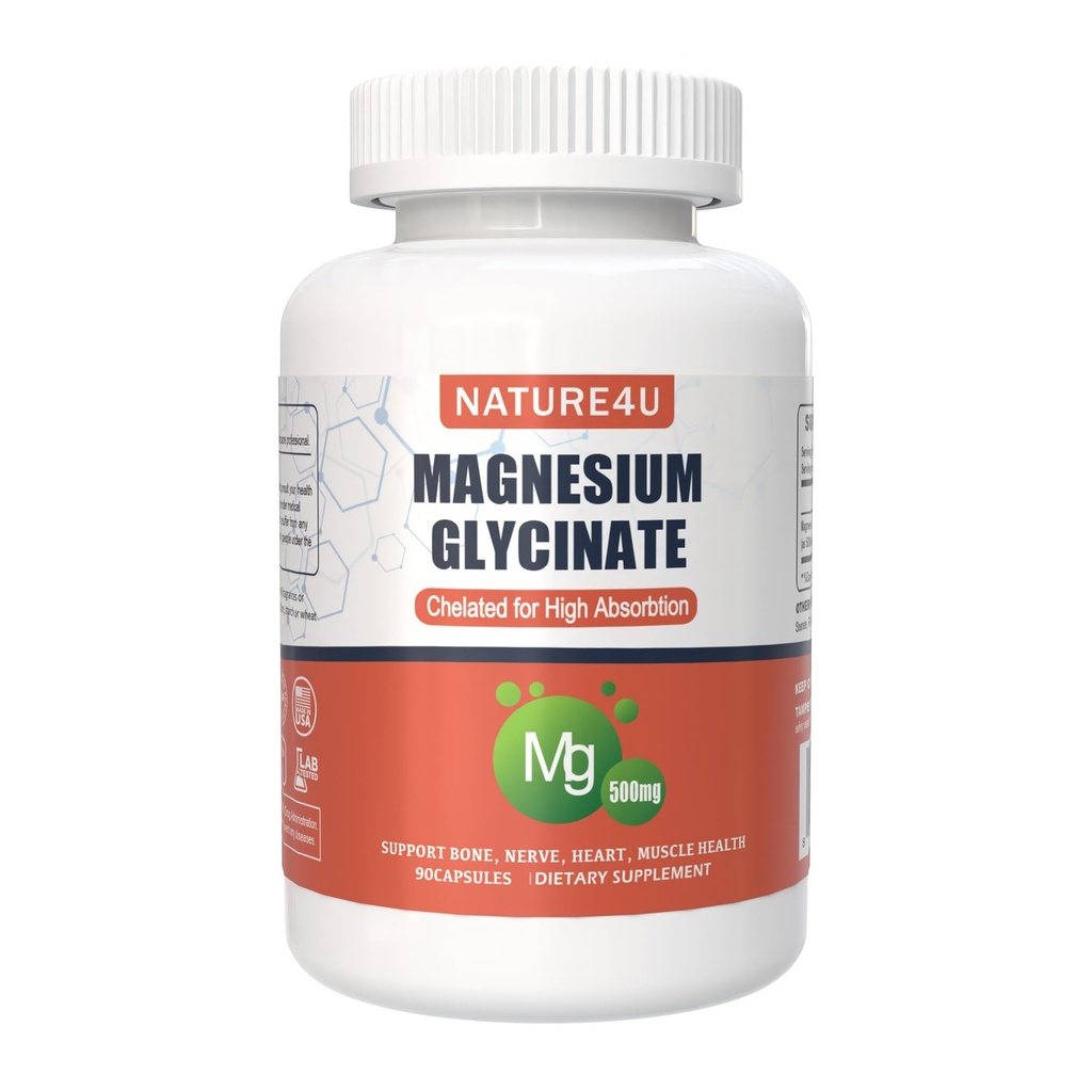Magnesium Glycinate 500mg, 100% Chelate für hohe Absorption Magnesium Ergänzung für Schlaf, Muskel, Herz, Nie und Knochen Unterstützung, 90 Kapseln
