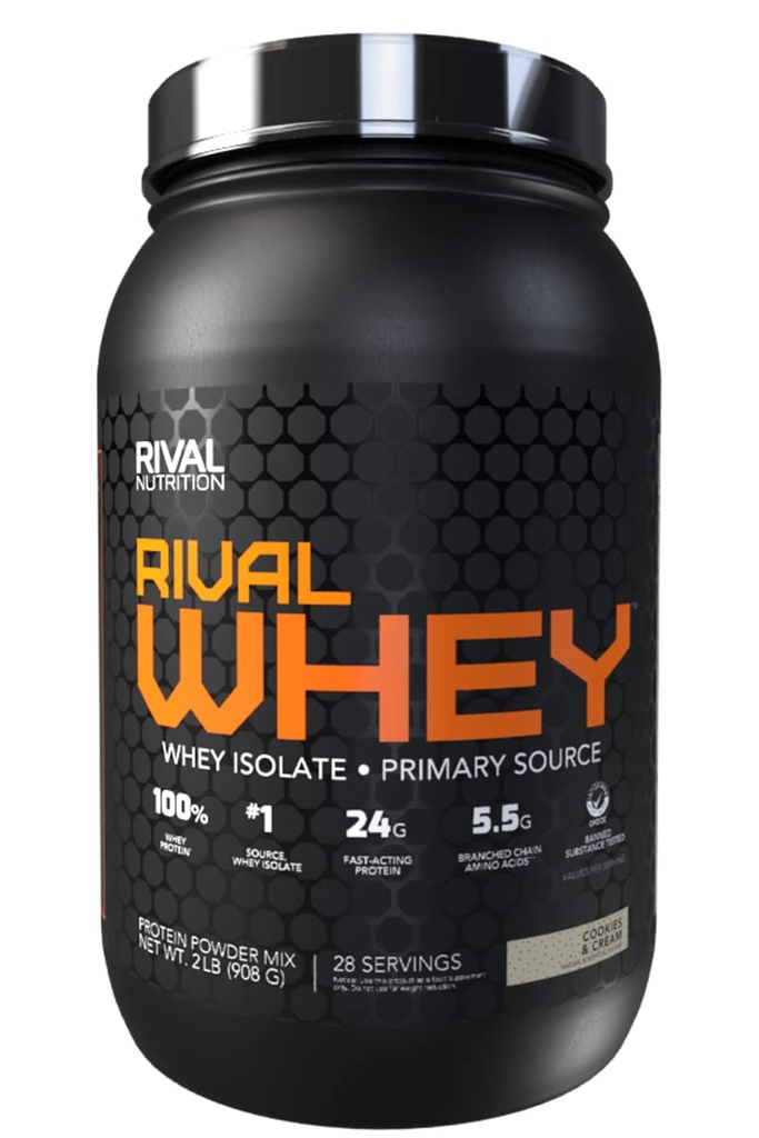 RIVAL NUTRITION Rival Whey Protein Powder I 100% of Protein from Whey I Isolate Primary Source I 24g Protein, 5.5g BCAAs Per Scoop I Recovery, Active Lifestyles (2lb, Cookies & Cream)