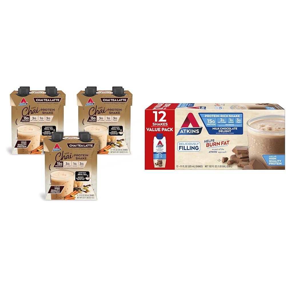 Atkins Chai Tea Latte Protein Shake, 15g Protein, Low Glycemic, 3g Net Carb, 1g Sugar, Keto Friendly & Milk Chocolate Delight Protein Shake, 15g Protein, Low Glycemic, 2g Net Carb, 1g Sugar