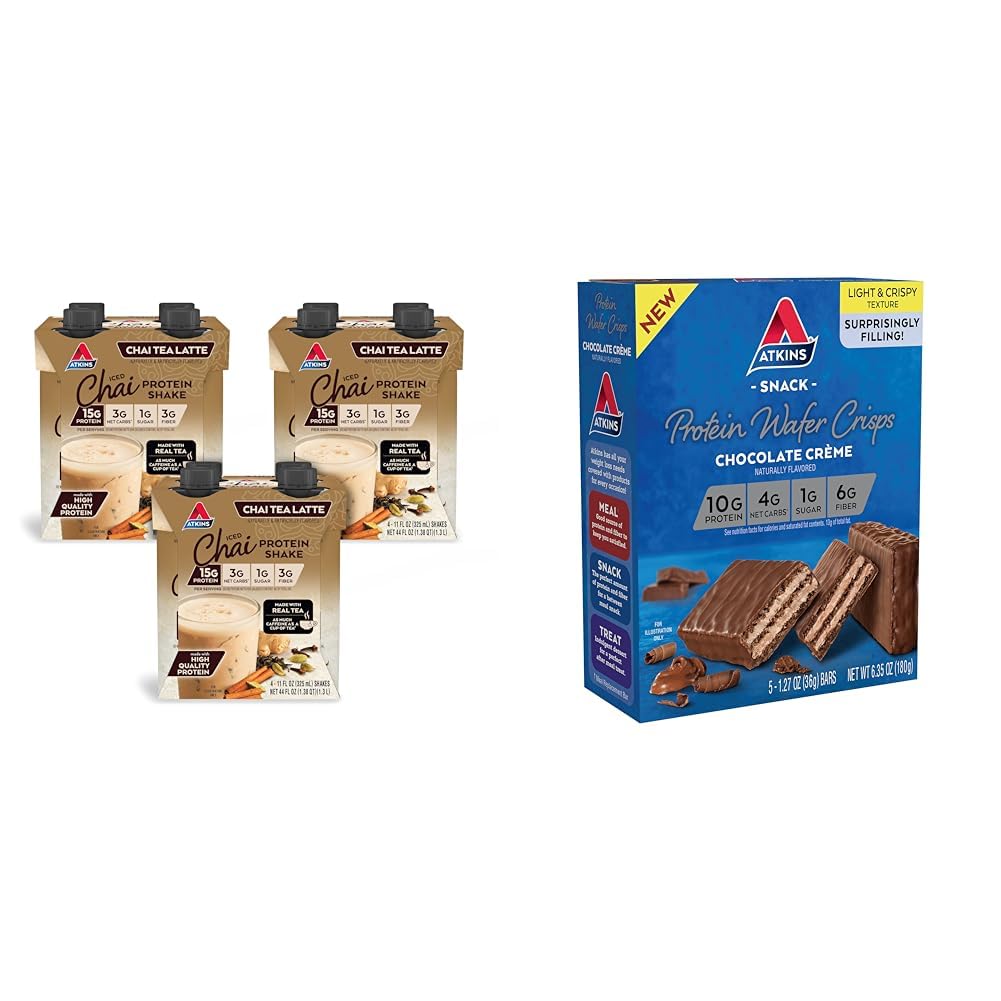 Atkins Chai Tea Latte Protein Shake with 15g Protein & Atkins Chocolate Crème Protein Wafer Crisps with 10g Protein, Low Sugar, Low Carb, Keto Friendly
