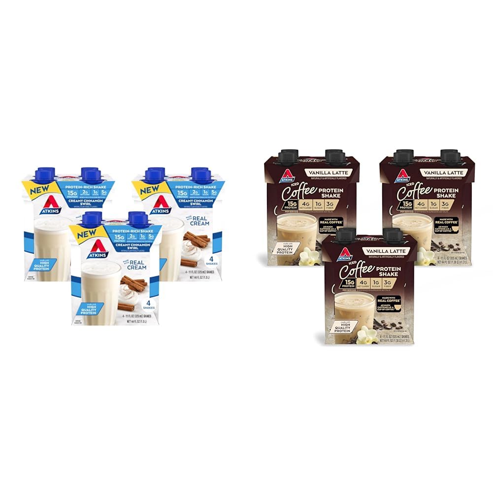 Atkins Creamy Cinnamon Swirl Protein Shake, 15g Protein, 12 Count & Atkins Iced Coffee Vanilla Latte Protein Shake, 15g Protein