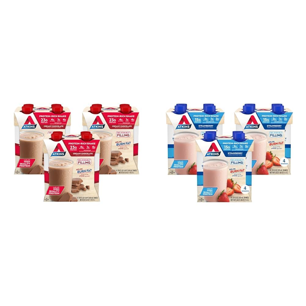 Atkins Creamy Chocolate Meal Size Protein Shake & Strawberry Protein Shake, 15g Protein, Low Glycemic, 2g Net Carb, 1g Sugar, Keto Friendly, 12 Count