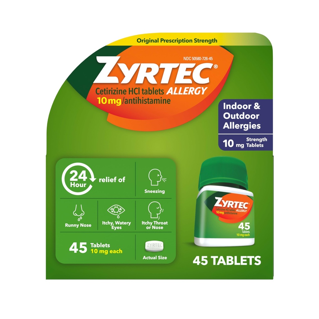Zyrtec 24 Stunden Allergie Relief Tabletten, Indoor & Outdoor Antiallergie Medizin mit 10 mg Cetirizin HCl pro Antihistamin-Tablette, Erleichterung von Runny Nase, Niesen, juckende Augen & mehr, 45 ct