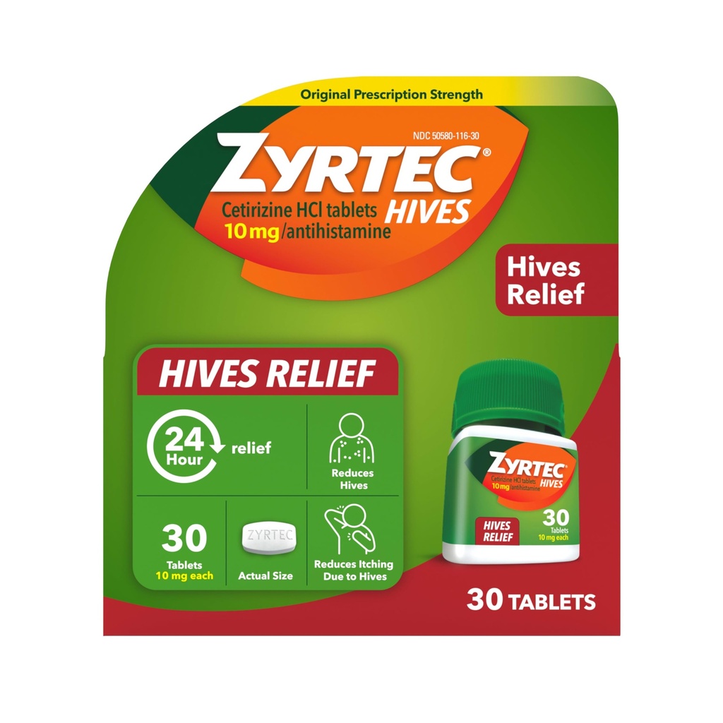 Zyrtec 24 Hour Hives Relief Tabletten, 10 mg Cetirizine HCl Tabletten zu helfen, Hives zu reduzieren und Juckreiz aufgrund von Hives, Antihistamin Tabletten für Itch Relief & Behandlung von Urticaria, 30 ct