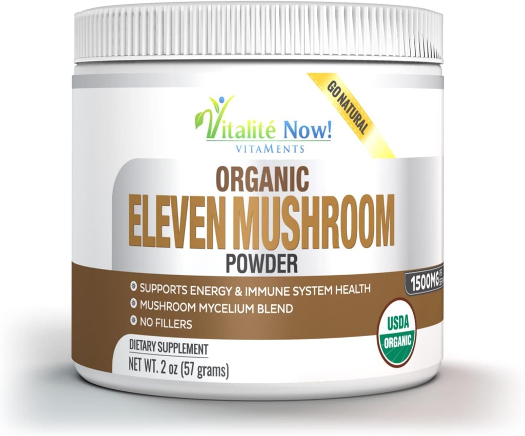 Bio 11 Pilzpulver - USDA Zertifiziert - Lion's Mane, Reishi, Cordyceps, Maitake, Shiitake, Türkei Tail, Chaga, Zhuling, Wood Ear, Poria Cocos, Hime-Matsutake - Immunität & Energie, kein Füllstoff