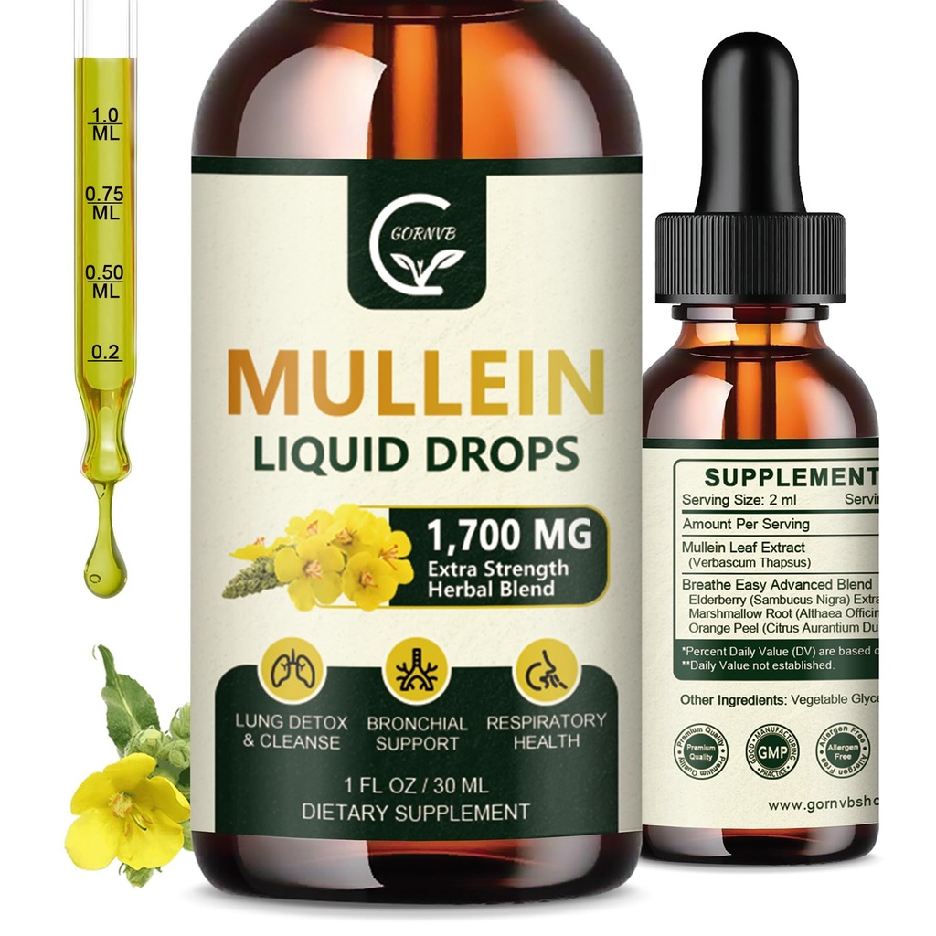 (2 Pack) Mullein Drops für Lunge - Lunge Cleanse and Respiratory Support, Powerful 4 in 1 Mullein Blatt Extract mit Elderberry, Marshmallow Root und Orange Peel für Bronchial Support, 1 Fl Oz