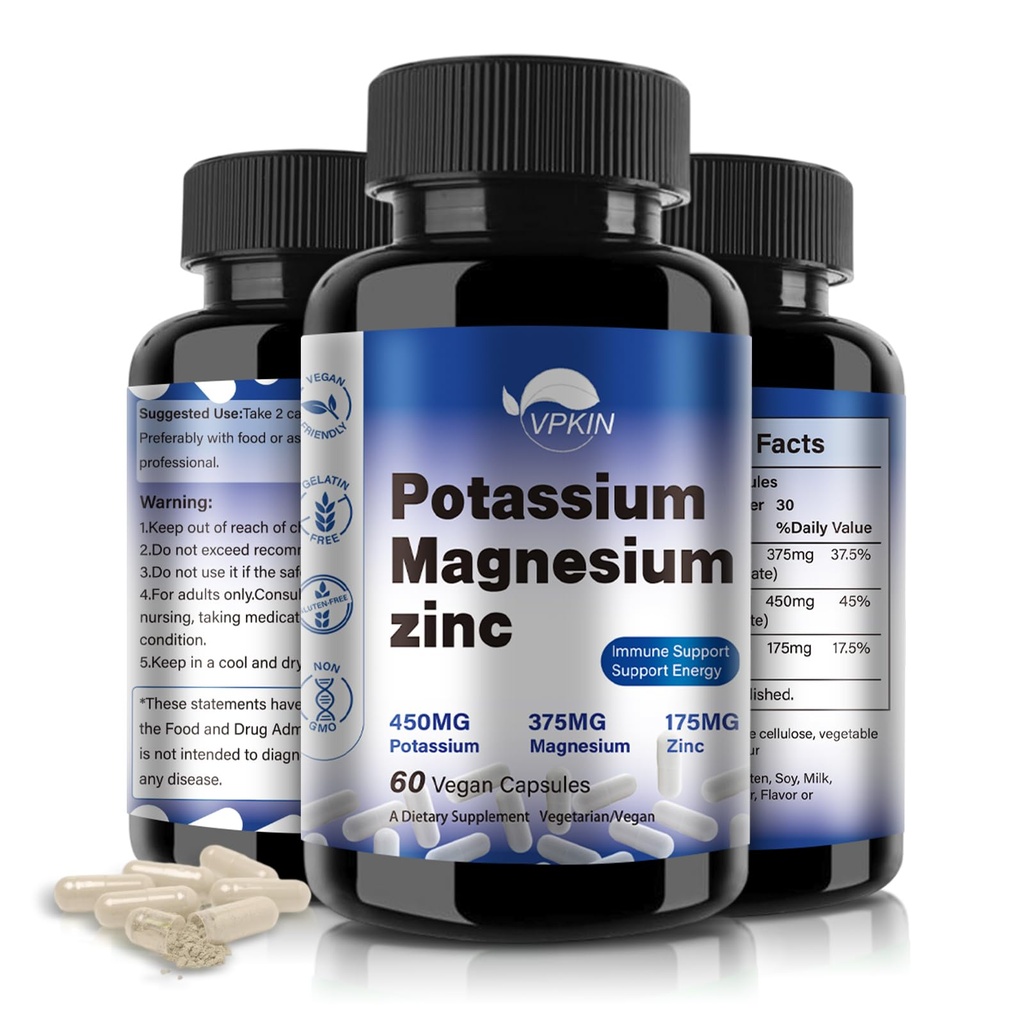 Kalium-Magnesium-Ergänzung 1000mg,Magnesium-Kalium-Zinc für Leg Cramps, High Absorption Magnesium-Komplex, Vegan (60 Kapseln)