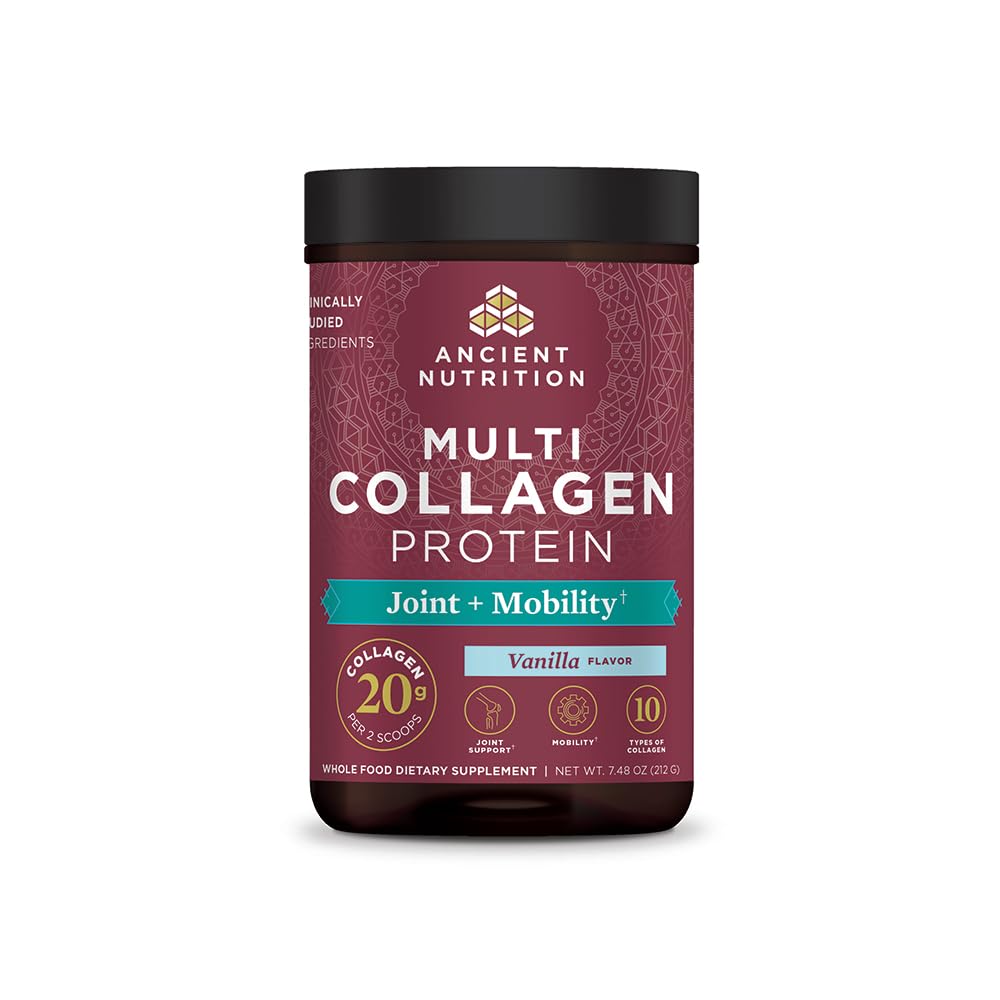 Ancient Nutrition Collagen Powder Protein, Multi Collagen Protein Powder Joint + Mobility, 20 Servieren, Joint Supplement mit hydrolysierten Collagen Peptiden für Post Workout, 7.48oz