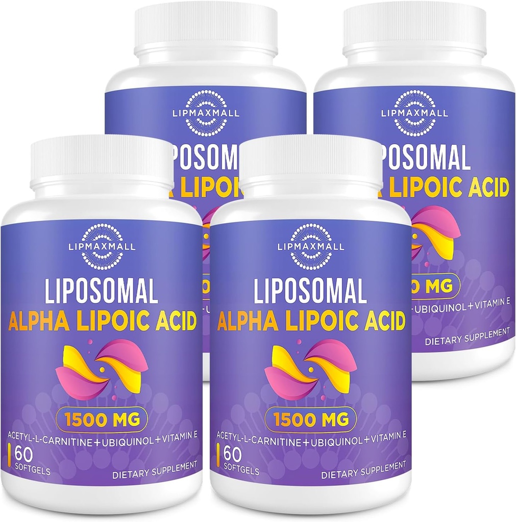Liposomale Alpha Liponsäure 1500mg - mit Acetyl-L-Carnitin 900mg & Ubiquinol 100mg & Vitamin E 15mg,ALA Ergänzung für Antioxidantien Glucose Metabolism Nerve Energy,60 Softgels (4 Flasche)