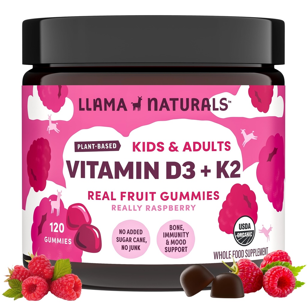Llama Naturals Vitamin D3, Vegan, Organische Immununterstützungsergänzung, Vitamin D Gummi für Erwachsene und Kinder, Echte Frucht Gummy Vitamine, fördert Knochengesundheit, keine hinzugefügt Zuckerrohr, Raspberry, 120 Ct