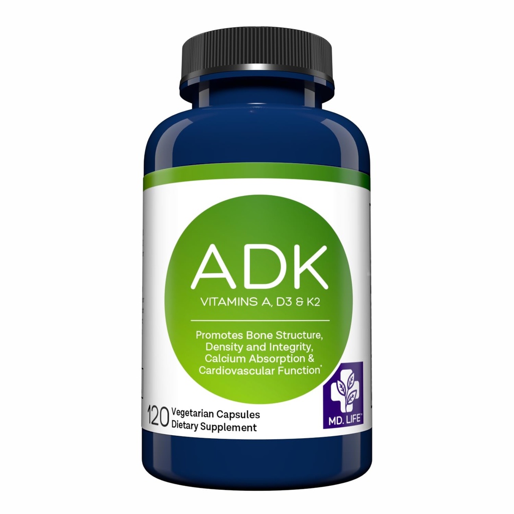 MD.LIFE ADK Vitamin Supplement – Vitamin D3 K2 und ein Komplex – 120 Kapseln – Hohe Potenz Vitamin ADK für Knochen und Herzgesundheitsunterstützung